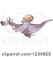 Poster, Art Print Of Cartoon Caucasian Boy Riding On A Pet T Rex Dinosaur