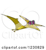 Poster, Art Print Of Cartoon Green Pterodactyl Dinosaur Flying In Goggles