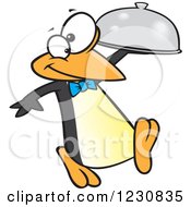Cartoon Penguin Waiter With A Cloche Platter