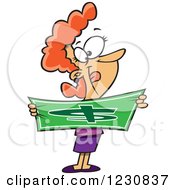 Clipart Of A Cartoon Caucasian Happy Woman Stretching A Dollar Royalty Free Vector Illustration