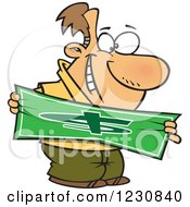 Cartoon Happy Caucasian Man Stretching A Dollar
