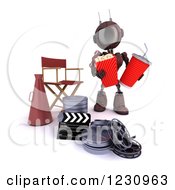 Poster, Art Print Of 3d Red Android Robot With Popcorn And Soda By A Movie Director Chair