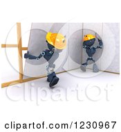 Poster, Art Print Of 3d Blue Android Construction Robots Hanging Drywall