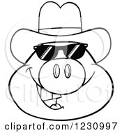 Clipart Of An Outlined Pig Head With A Cowboy Hat And Sunglasses Royalty Free Vector Illustration