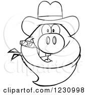 Poster, Art Print Of Outlined Pig Head With A Cowboy Hat Cigar And Bandana