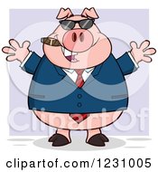 Clipart Of A Business Pig With Open Arms A Cigar And Sunglasses Over Purple Royalty Free Vector Illustration