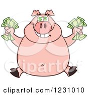 Poster, Art Print Of Rich Happy Pig With Dollar Eyes Holding Cash Money