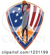 Poster, Art Print Of Woodcut Basketball Player Slam Dunking Over An American Shield