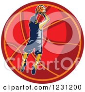 Poster, Art Print Of Woodcut Basketball Player Jumping Over A Red Ball