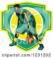 Poster, Art Print Of Woodcut Basketball Player Dribbling Over A Green And Yellow Shield