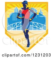 Poster, Art Print Of Triathlete Marathon Runner Over A Skyline And Bridge In A Shield