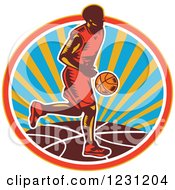 Poster, Art Print Of Woodcut Basketball Player Dribbling Over A Sunny Circle