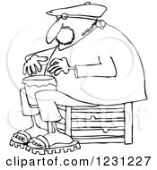Clipart Of An Outlined Man Sitting On A Crate And Playing A Drum Royalty Free Vector Illustration