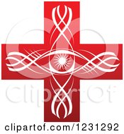 Clipart Of A Red Cross With Swirls And A Burst Royalty Free Vector Illustration