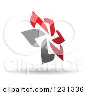 Clipart Of A Red And Gray Windmill Or Flower Logo And Shadow Royalty Free Vector Illustration
