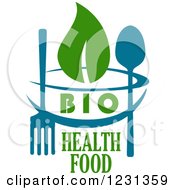 Poster, Art Print Of Blue Bowl And Silverware With Green Bio Health Food And Leaves Text