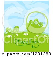 Poster, Art Print Of Happy Easter Greeting With Eggs And A Bsket Under A Blue Sky
