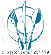 Poster, Art Print Of Blue Fork Knife And Spoon On A Plate
