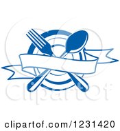 Poster, Art Print Of Blue Banner Over A Crossed Fork And Spoon And A Plate