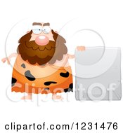 Clipart Of A Happy Caveman By A Stone Tablet Sign Royalty Free Vector Illustration