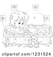 Poster, Art Print Of Outlined Girl Playing With Toys In The Bath Tub