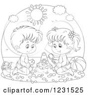Poster, Art Print Of Outlined Boy And Girl Making A Sand Castle