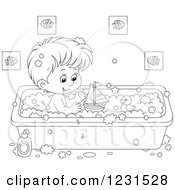 Poster, Art Print Of Outlined Boy Playing With Toys In The Bath Tub