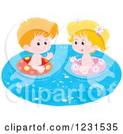 Poster, Art Print Of White Boy And Girl Swimming With Inner Tubes