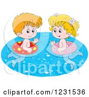 Poster, Art Print Of Caucasian Boy And Girl Swimming With Inner Tubes