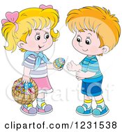 Poster, Art Print Of White Boy And Girl Exchanging An Easter Egg