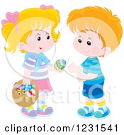 Caucasian Boy And Girl Exchanging An Easter Egg