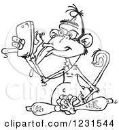 Clipart Of A Black And White Drooling Wise Monkey Using A Cell Phone Music Player Royalty Free Vector Illustration