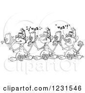 Clipart Of Black And White Three Wise Monkeys Using Cell Phone Music Players Royalty Free Vector Illustration