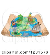 Poster, Art Print Of Pirate Captain And Ship On A Parchment Treasure Map