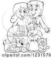 Poster, Art Print Of Happy Outlined Parents With A Baby Daughter Dog And Cat