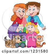 Poster, Art Print Of Happy Parents With A Baby Daughter Dog And Cat