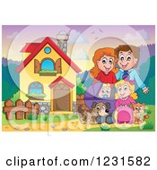 Poster, Art Print Of Happy Parents With A Baby Daughter Dog And Cat In Their Front Yard