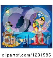 Poster, Art Print Of Pirate Parrot And Girl With Treasure In A Cave