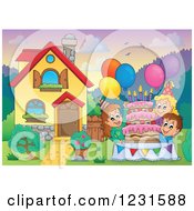 Poster, Art Print Of Birthday Party Kids In A Homes Front Yard