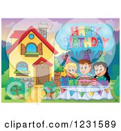 Poster, Art Print Of Birthday Party Kids With A Greeting In A Homes Front Yard