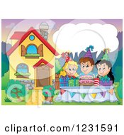 Poster, Art Print Of Talking Birthday Party Kids In A Homes Front Yard