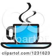 Clipart Of A Blue Steamy Tea Cup And Saucer Icon Royalty Free Vector Illustration by Lal Perera