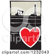 Woodcut Oil Rig And Drilling For Blood In A Heart