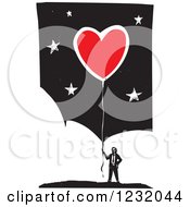 Poster, Art Print Of Woodcut Businessman With A Red Heart Balloon Over Clouds And Stars