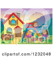 Poster, Art Print Of Happy Children Playing On A Swing Slide And In A Sandbox In A Yard By A Home
