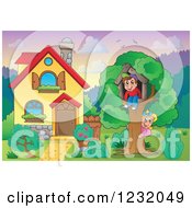 Poster, Art Print Of Kids Playing In A Tree House In A Homes Front Yard