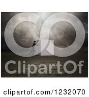 Clipart Of A 3d Determined Man Pushing A Cube Through A Gloomy Landscape Royalty Free Illustration