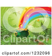 Poster, Art Print Of St Patricks Day Pot Of Gold With Ferns At The End Of A Rainbow
