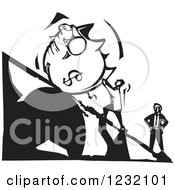 Clipart Of A Woodcut Black And White Man Pushing A Dollar Piggy Bank Up A Stock Market Plank Royalty Free Vector Illustration