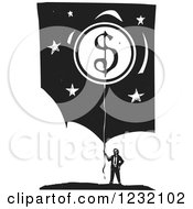 Woodcut Businessman With A Dollar Coin Balloon Over Clouds And Stars